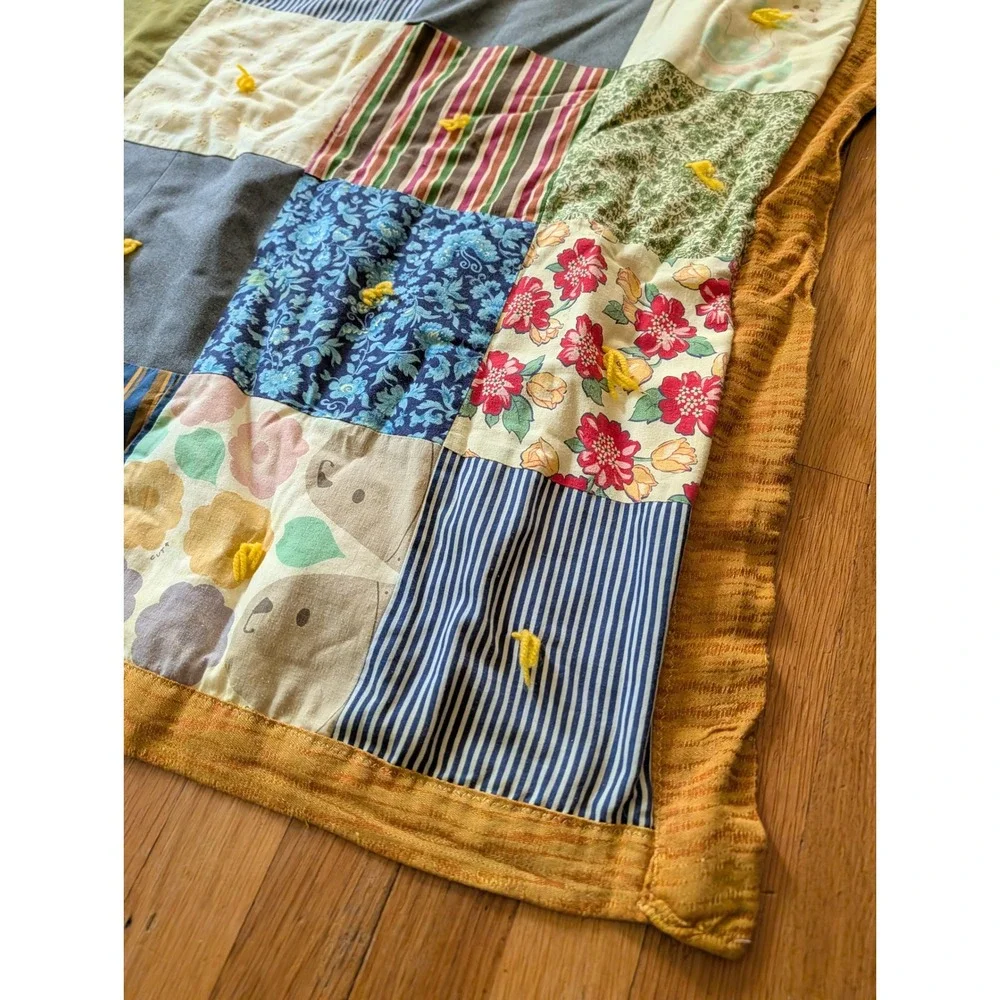 Vintage Handmade Tied Patchwork Quilt Multi Color Floral Stripe Cotton 60x74